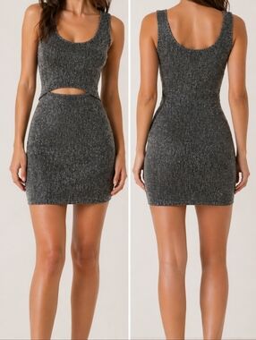 See You Monday Metallic Knit Cutout Mini Dress Silver S